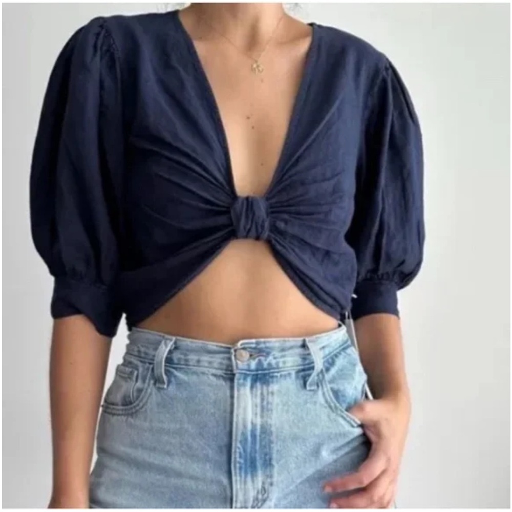 Young Fabulous & Broke Linen Twist Front Cinch Top Navy Blue Short Sleeve NWT L